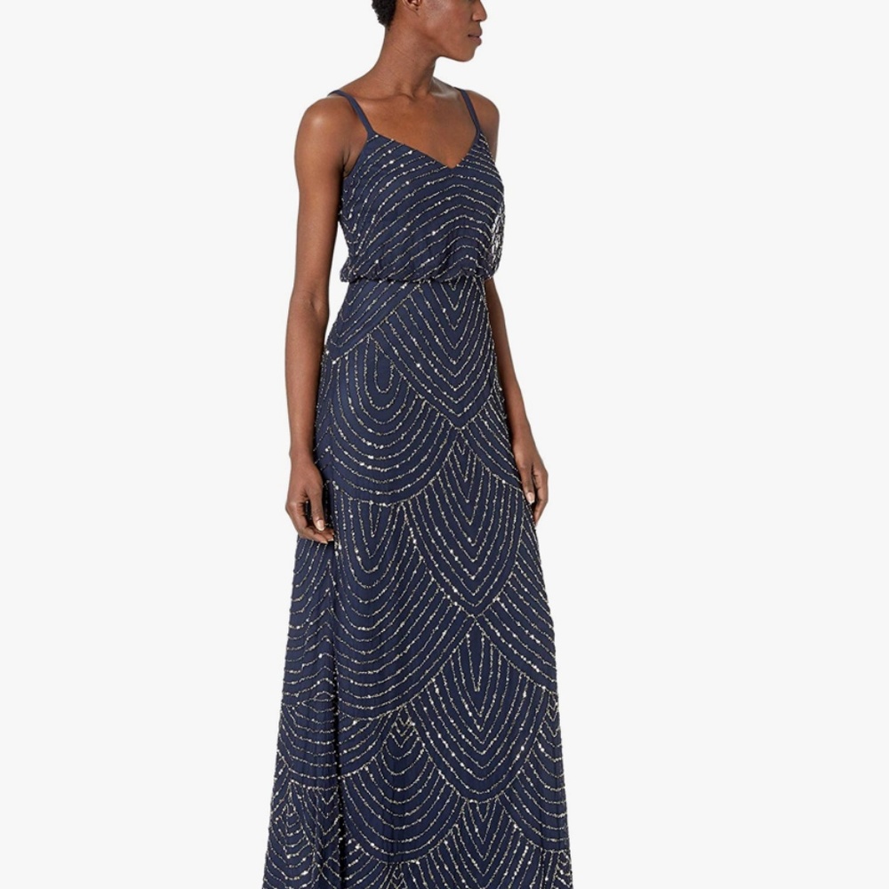 Adrianna Papell Art Deco Beaded Blouson Navy Full Length Formal Gown - Picture 2 of 14